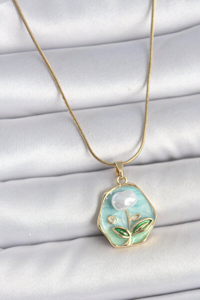 Skygo 316L Steel Gold Color Chain Blue Flower Embroidered Pearl Embroidered P...