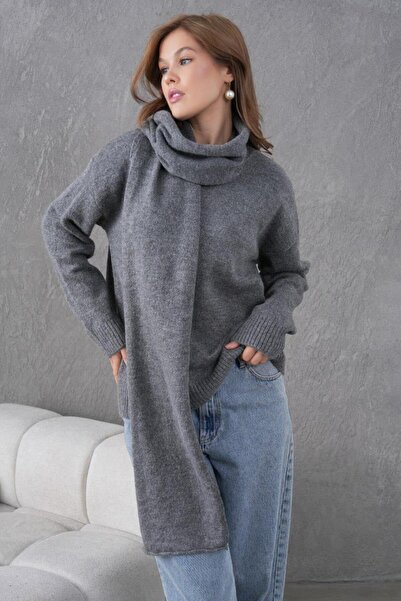 Relax Mode Kadın Atkı Detaylı Boğazlı Triko Kazak - 8599R