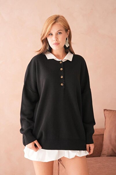 Relax Mode Kadın Polo Yaka Düğmeli Oversize Triko Kazak - 12268R