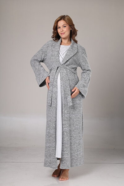 Rimel Homewear Winter Grey Fleece Dressing Gown Maternity Nightgown Set