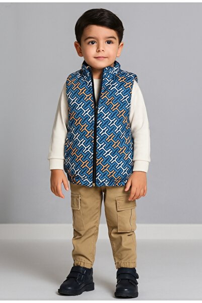 Bebüş Boy's Zipper Closure Puffer Vest Woven Shirt Elastic Waist Cargo Pocket Pants Set