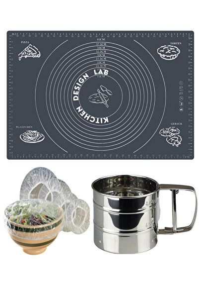 Atlas Mutfak بساط لف العجين من السيليكون باللون الرمادي مقاس 45x65 سم ومنخل د...