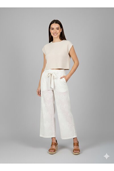 Kırmızı iz Astarlı Beyaz Fisto Pamuklu Astarlı Bağlamalı Cepli Pantolon