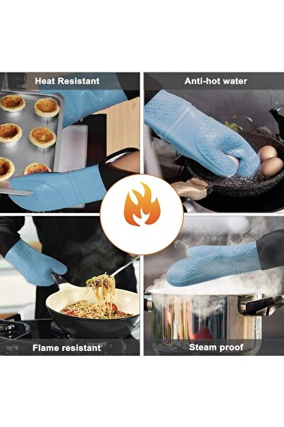 PUFO Mănușă de bucătărie simplă din silicon pentru grătar sau cuptor, căptușită, 37 cm, albastră/neagră