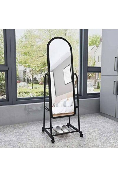 Crestj Long floor mirror with metal frame and lower storage shelf on wheels