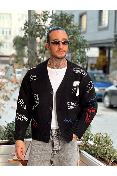 manch collection Oversize Nakışlı Baskılı Hırka Siyah