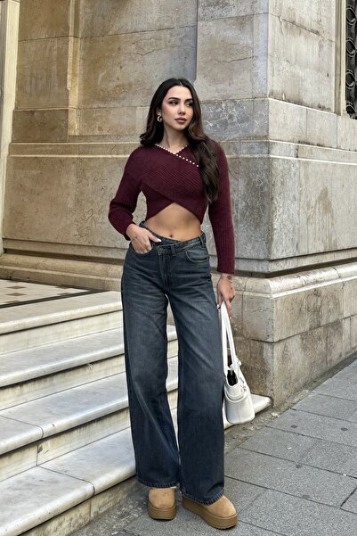 New Now Swan Pearl Detail Double-Breasted Long Sleeve Knit Top