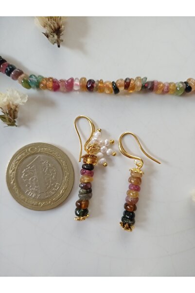 Mudita Tasarım Orijinal gerçek doğal Turmalin taşı ve kum inci tasarım küpe