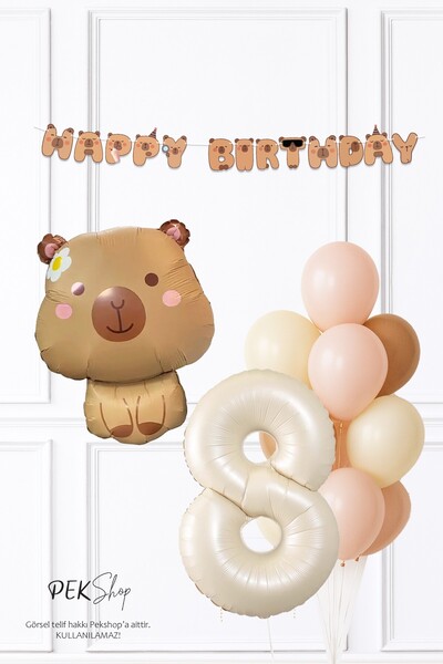 PEKSHOP Kapibara Tema 8 Yaş Doğum Günü Balon ve Banner Süsleme Seti Capybara ...