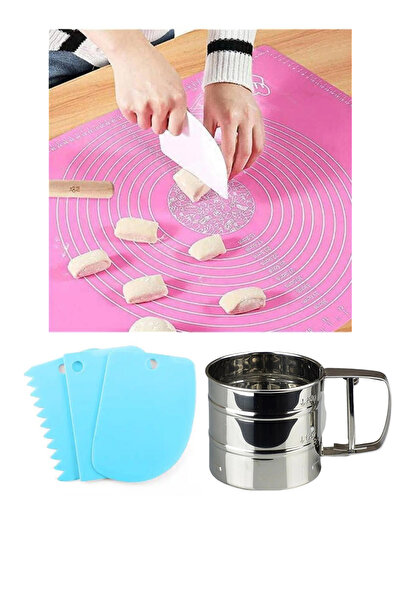 Atlas Mutfak بساط لف العجين سيليكون مقاس 45 × 65 سم ومنخل دقيق فولاذي ومجموعة...