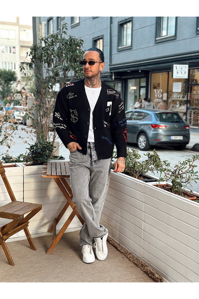 manch collection Oversize Nakışlı Baskılı Hırka Siyah