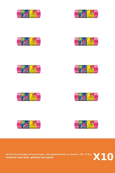 Fino Set 10 Saci menajeri premium, colorati&parfumati, cu manere, 70l, 15 buc