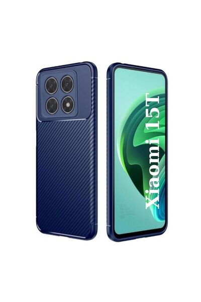 HANPORIUM غطاء حماية من السيليكون متوافق مع هاتف Xiaomi 15T، بنمط الكربون، ممتص للصدمات، تركيز تلقائي، غطاء حماية كامل - أزرق داكن