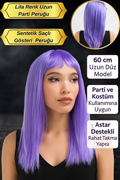 Tamsena Store Lila Renk Uzun Düz Parti Peruğu | 60 cm Sentetik Saçlı Kostüm v...