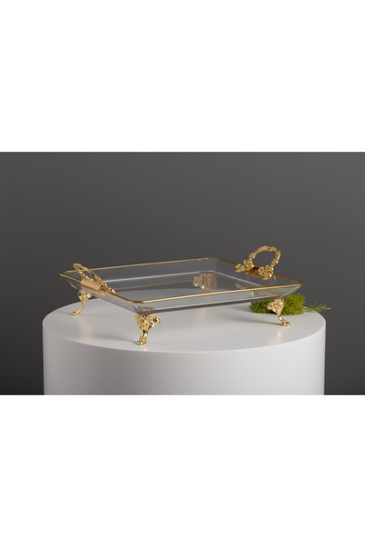 ÇNR Home Collection Paşabahçe Kristal Metal Ayaklı Yaldızlı Kare Pasta Sunuml...