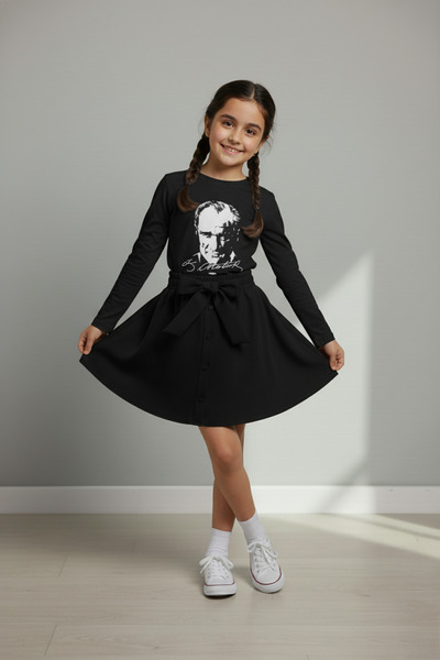 FATELLA Kız Çocuk Siyah Uzun Kol Atatürk Tişört Siyah Kloş Etek Gösteri Takım 23 Nisan 29 Ekim 10 Kasım