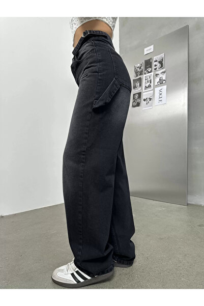 asfamoda Black Palaska Buckle Washed Baggy Wide Leg High Waist Fitted Jean Denim Pants