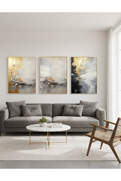Linacci Üçlü Gold Metal Çerçeve Gri Çiçek Poster Cam Tablo Seti