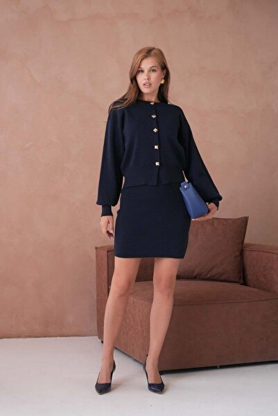 Relax Mode Kadın Düğmeli Triko Ceket-Etek Takım - 12232R