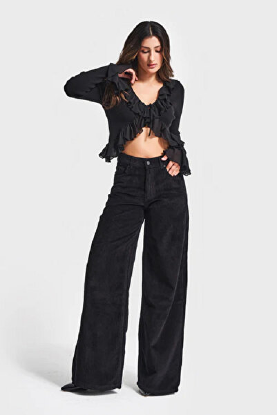 it's basic itsbasic Kadın Siyah Renk Palazzo Fit Fitilli Kadife Pantolon