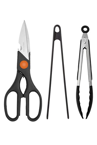 Atlas Mutfak مقص مطبخ متعدد الأغراض، طقم ملقط للقلي باللون الأسود والمعدن وال...