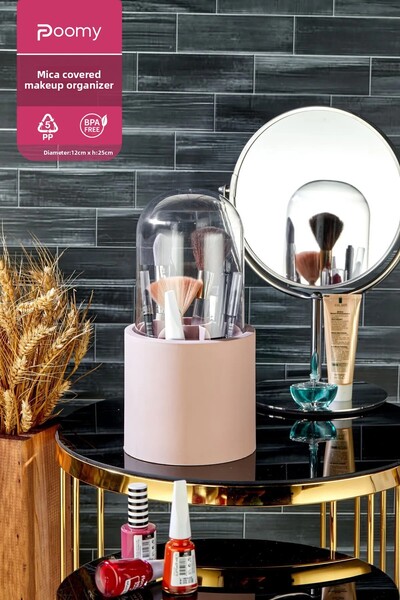 Poomy منظم مكياج وردي مع أقسام - منظم فرش كبير مع غطاء شفاف ديزي