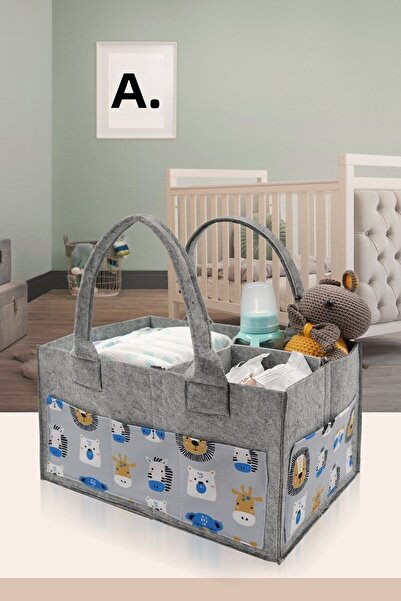 JASPER Light Blue Gray Felt Mother Baby Care Bag Organizer with Animal Figures