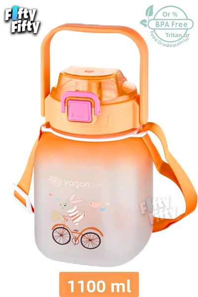 Vagonlife Tritan 1100 Ml Children's Water Bottle with Strap-With/Without Straw-With Sticker Gift