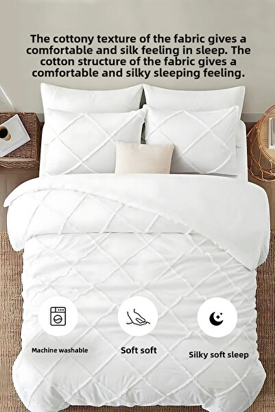 Evlen Home Collection Cotton Aimar Bedspread Set Daily Double (Sided) Personality Boho 3 Pieces Fiber Filling White