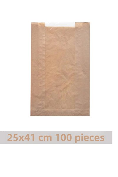 OLİ Art 25x41cm Kraft Paper Bag with Window - 100 Pieces, Side Gusset Packaging, Gift Package