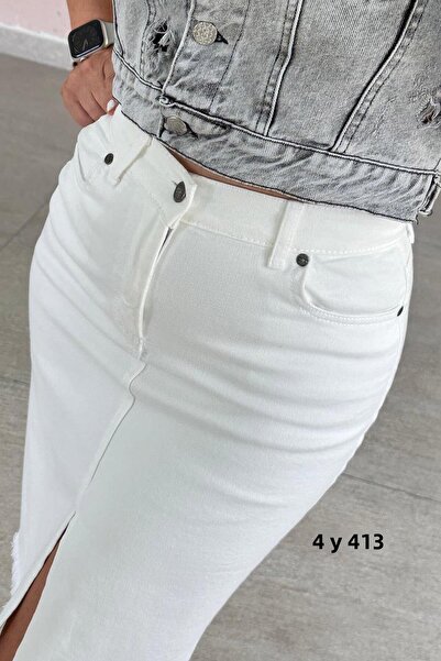 İnce Topuk Lycra Knee Length Denim Skirt 4Y413