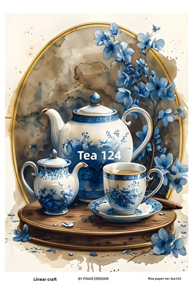 LİNEART Tea Party Series Tea124 Blue White, Cup, Flower 29*42 cm Brass Decopage