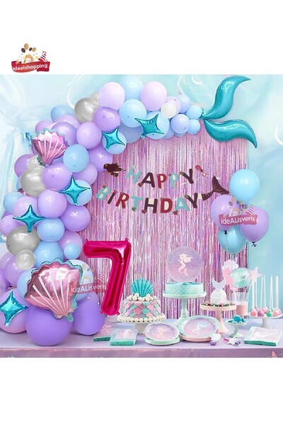 Bkmc Banner sirenă de 7 ani Balon albastru mov Baloane din folie Set perdea c...