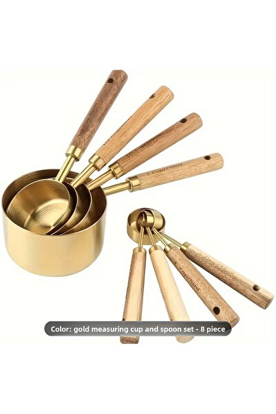 MİMOZA PARK 8-Piece Gold Wooden Handle Measuring Spoon Socket - Handle Measured