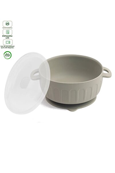 GÜLÜMSE BEBEK Vacuum Food Bowl with Silicone Lid, Non-Slip Food Bowl, Silicone Spoon Fork (Gray)