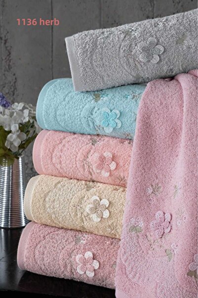 Fiesta Erva 3D Embroidered White Curl Towel - 50x90 cm, 6 Pieces Hand Face Set