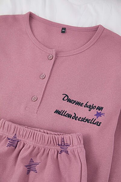 Trendyol Curve Dusty Rose Star Printed Plus Size Pajamas Set Tbbaw26Ai00045