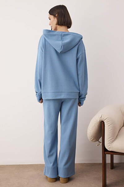 Trendyol Collection Set pijama Blue Cotton cu glugă Waffle din material subțire THMAW26PT00168