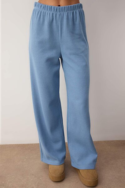 Trendyol Collection Set pijama Blue Cotton cu glugă Waffle din material subțire THMAW26PT00168