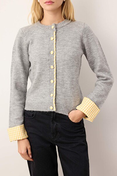 Trendyol Collection Gray Soft Textured Shirt Garnished Knitwear Cardigan Twoaw26Hi00169