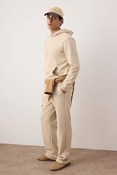 Trendyol Collection Beige Top Regular Bottom Straight Cut Ribbed Detail Inside Ribbed Sweatpants Set Tmnaw26Em00004