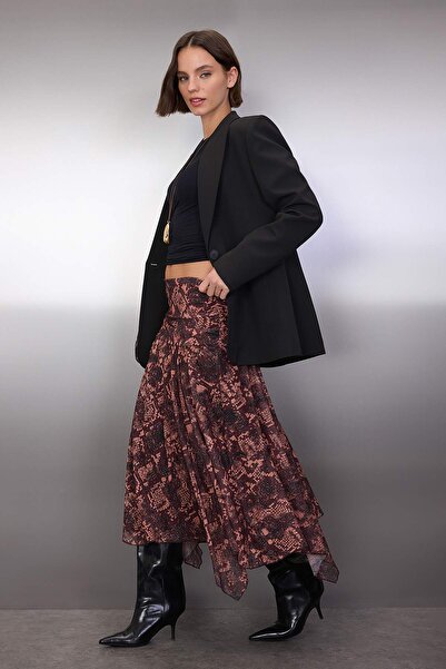 Trendyol Collection Бордовий бохо-принт, асиметричний поділ, деталізована еластична спідниця TWOAW26ET00037