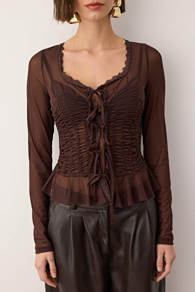 Trendyol Collection Καφέ ίσιο τετράγωνο λαιμόκοψη μακριά πλεκτή μπλούζα από τούλι για πάρτι TPRAW26BZ00052