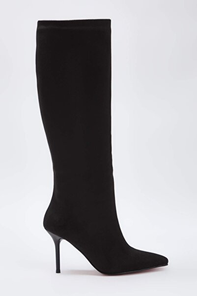 TRENDYOL SHOES Black Suede Red Sole Pointed Toe Women's 10.5 cm Thin Heeled Boots Takaw26Cz00032