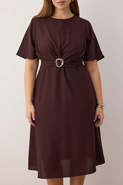 Trendyol Curve Special Collection Brown Straight Accessory Detail Midi Plus Size Woven Dress Tbbaw26Ah00084