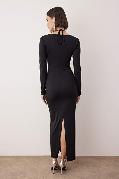 Trendyol Collection Black Bodycon Halter Neck Detail Maxi Evening Dress Graduation Dress Tpraw26El00103/Black