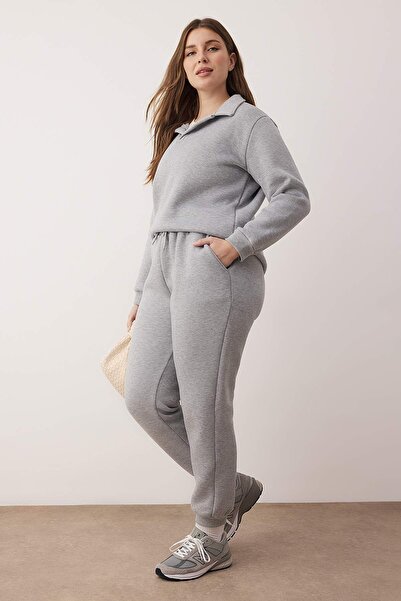 Trendyol Curve Grey Melange Polo Neck Rubber Cuffs Knitted Tracksuit Set Plus Size Tracksuit Set Tbbaw24Ts00001
