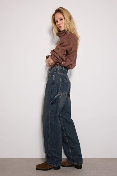 Kolekcia Trendyol Udržateľnejšie tmavomodré džínsy s efektom prania, voľný strih, vysoký pás, široké nohavice TWOAW24JE00308