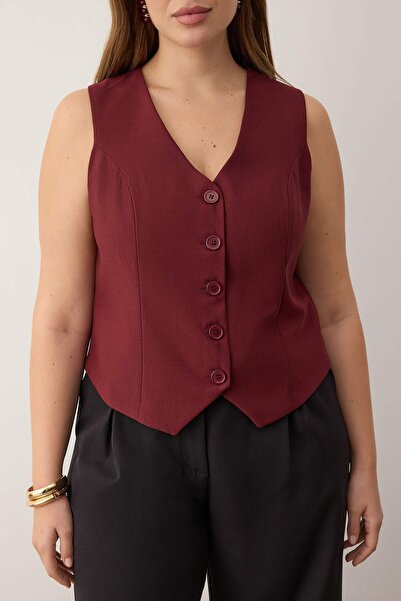 Trendyol Curve Burgundy Fitted Crop Buttoned Woven Plus Size Vest Tbbss24Bh00003