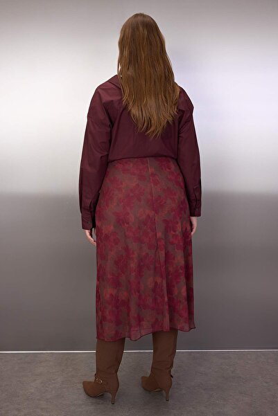 Trendyol Curve Φούστα με λουλουδάτο σχέδιο από τούλι σε μπορντό χρώμα TBBAW25AZ00006